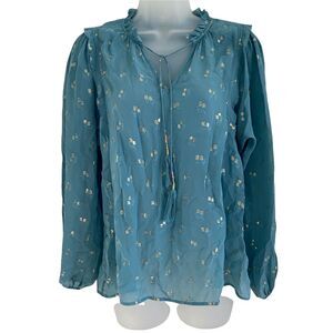 DOLAN Womens XS Blouse Peasant Top Teal Silk Blend Long Sleeve Popover Ruffle